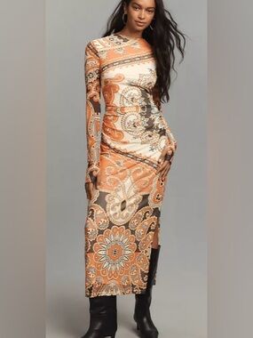 Farm Rio figure flattering long sleeve mock neck mesh slim midi dress gorgeous